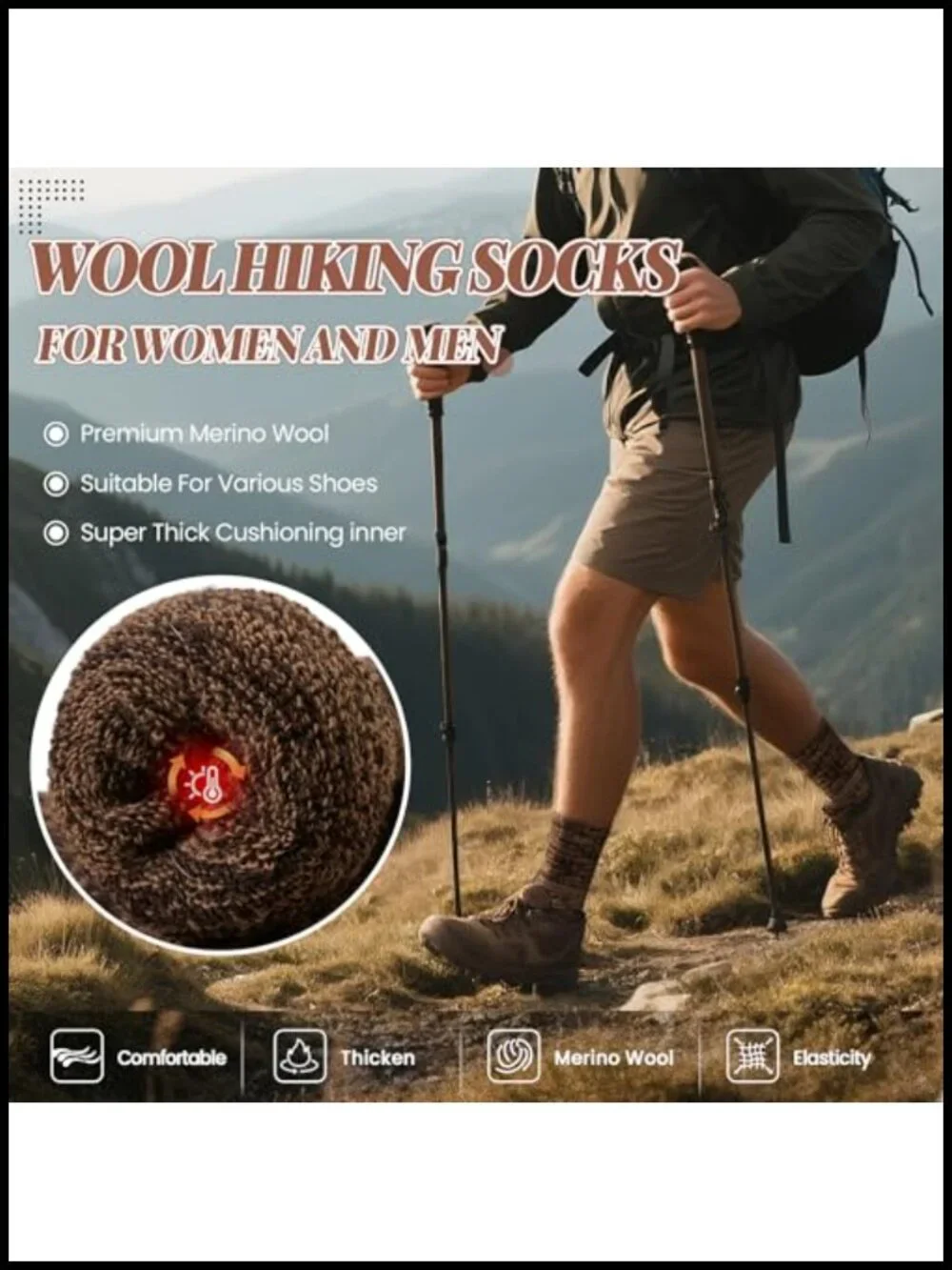 Merino Wool Thermal Hiking Socks 3 Pairs Winter Thick Warm Women Men